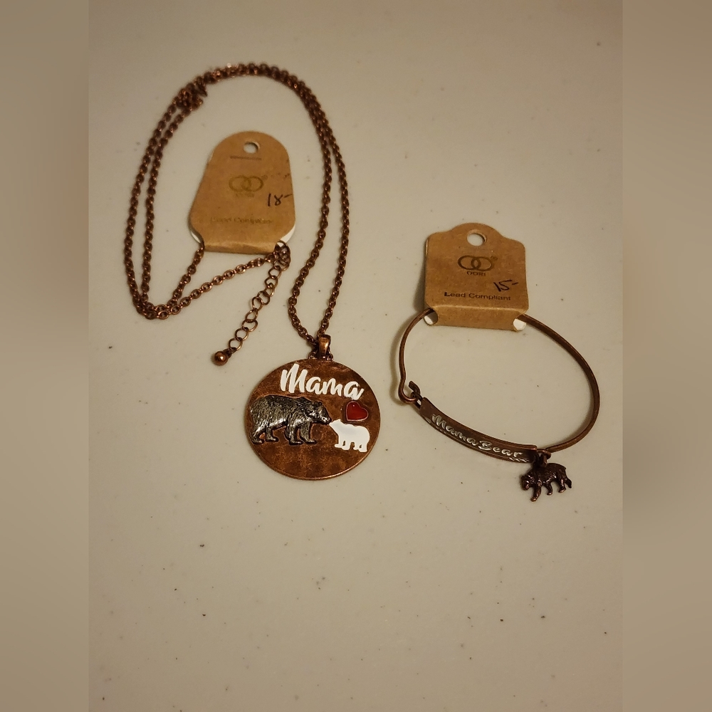 Mama bear copper tone necklace and bracelet